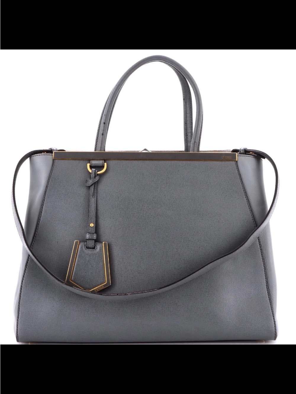 Fendi Vitello 2Jours Medium Structured Gray Leather Satchel Handbag Purse Top